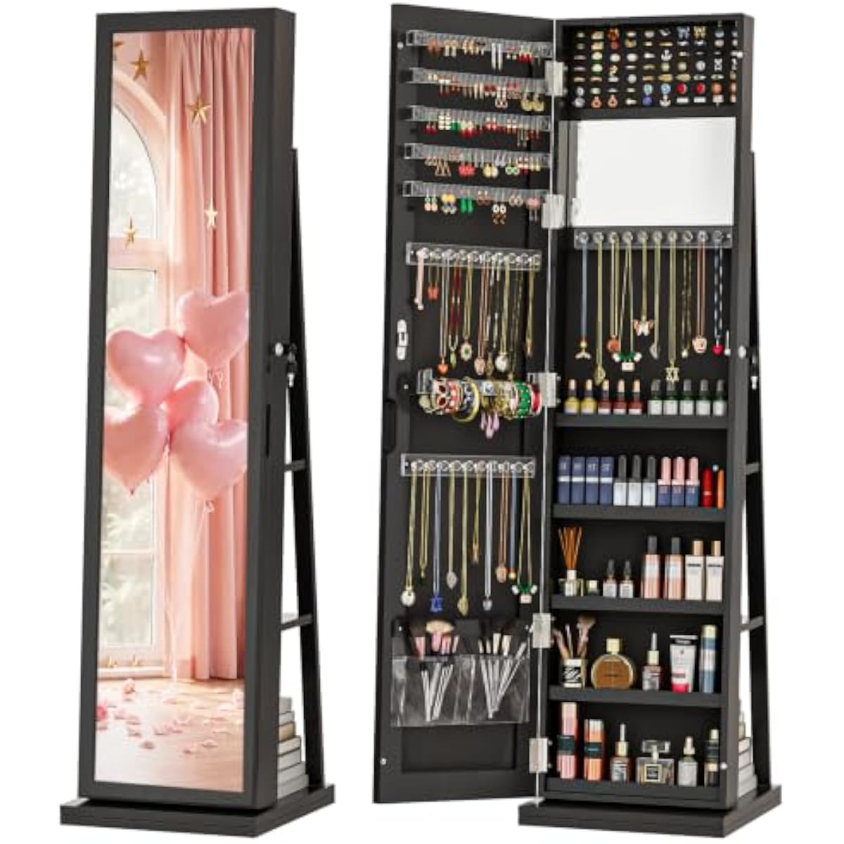 Full Length Mirror Jewelry Armoire - Elegante Arca de Joyas Negra con