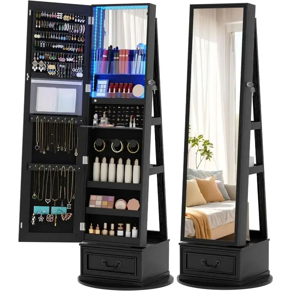 Full Length Mirror Jewelry Armoire - 360 ° Armario giratorio con cerradura