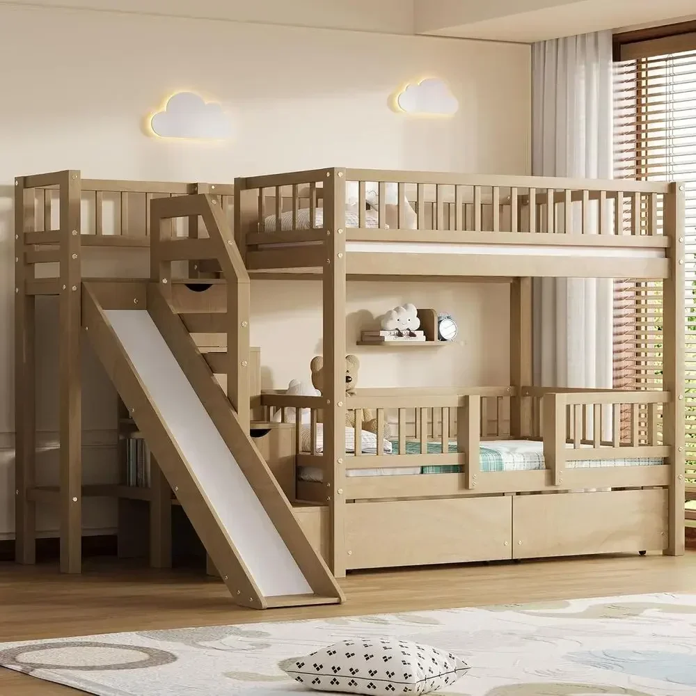 Bunk Bed With Stairs And Slide - Cama de dos pisos de madera,