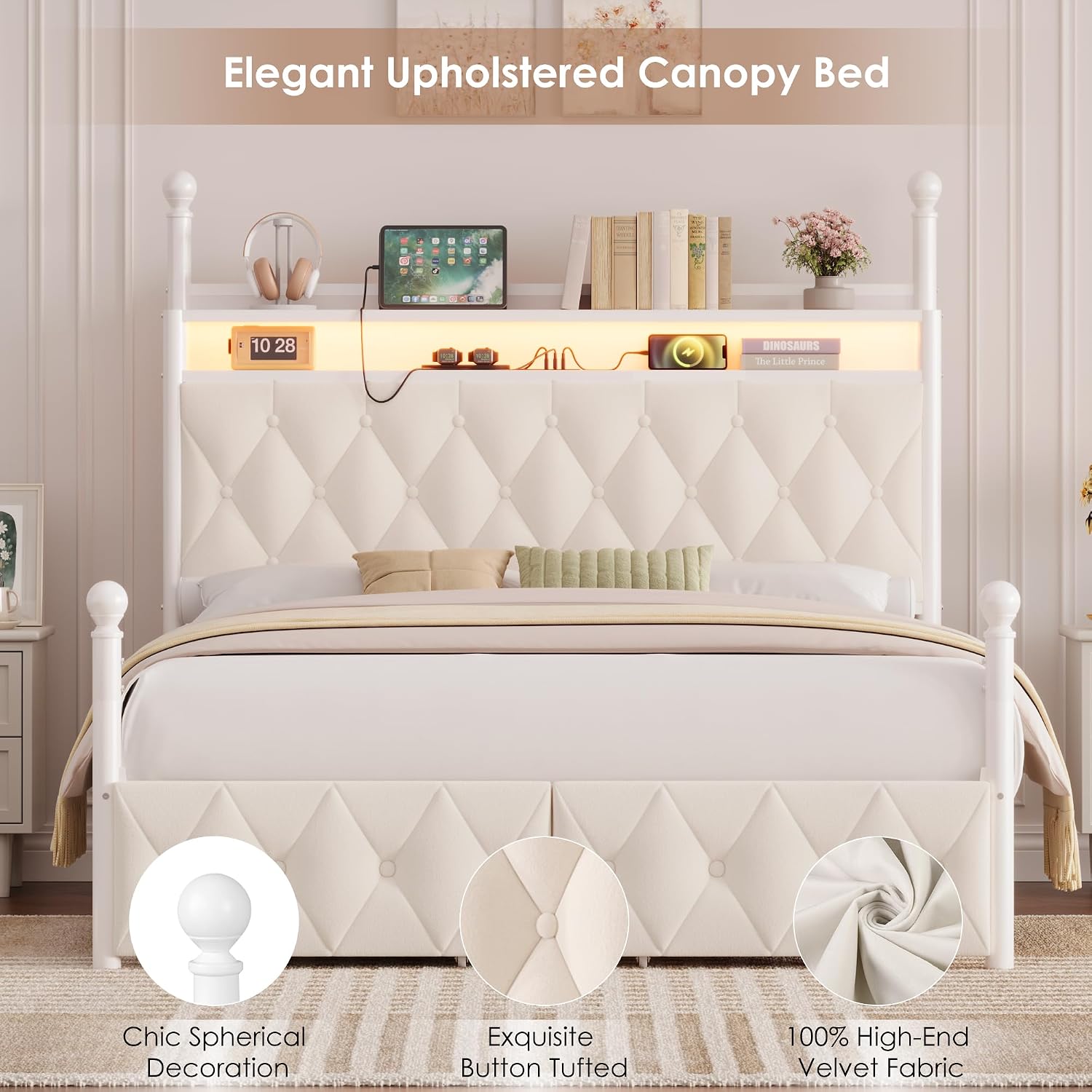 Cama con dosel LED tamaño quee - Canopy Bed Frame Metal Queen reseña y precio