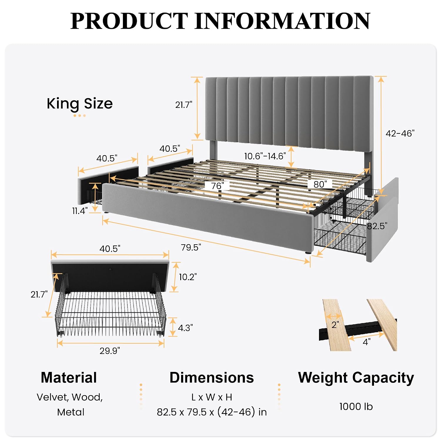 Estructura de cama tipo plataf - King Size Bed Frame With Storage Drawers reseña y precio