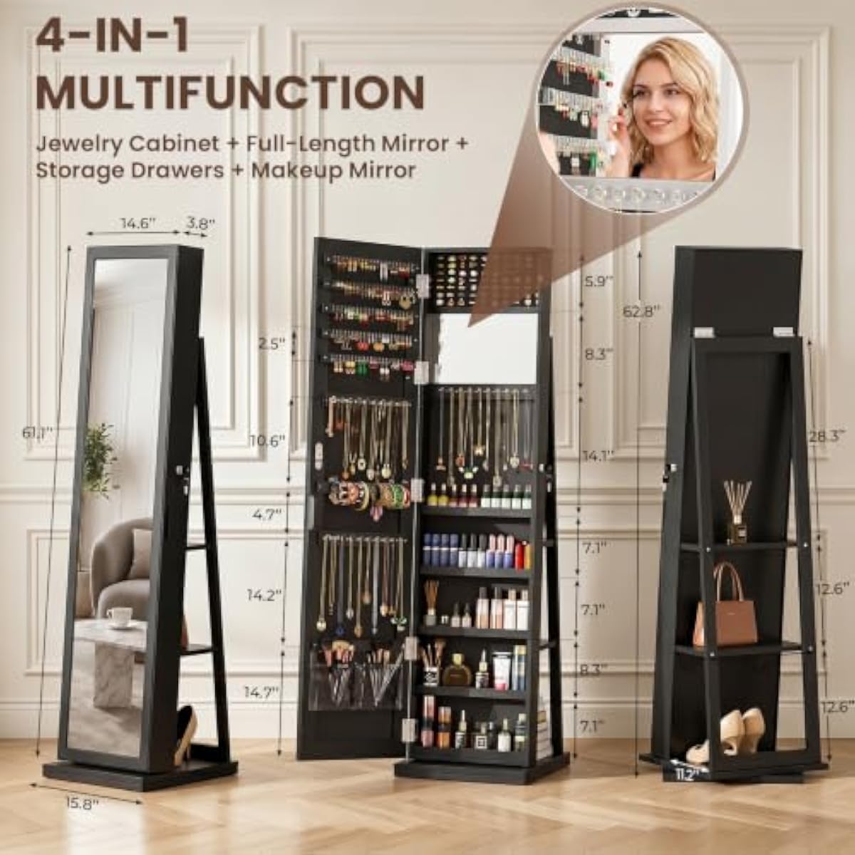 Elegante Arca de Joyas Negra c - Full Length Mirror Jewelry Armoire reseña y precio