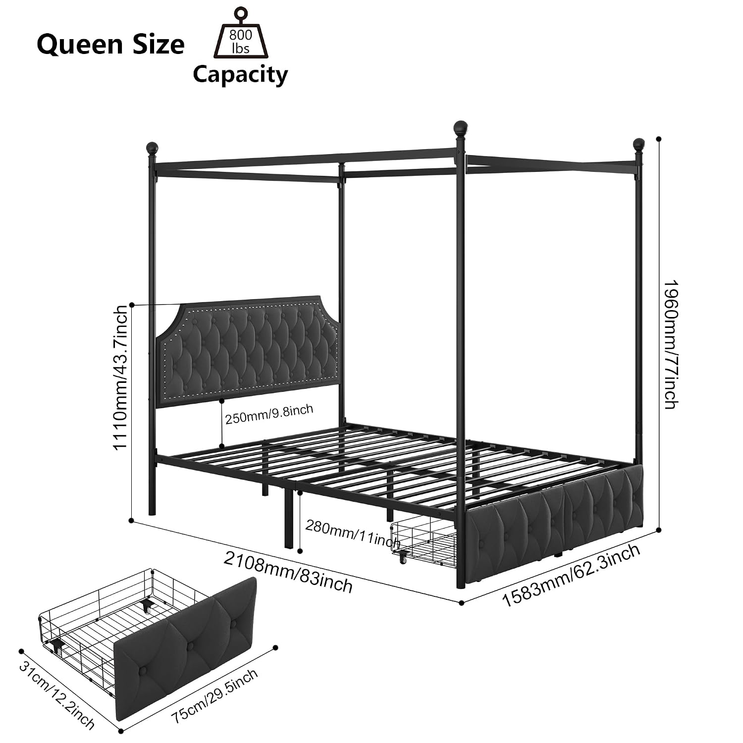Estructura de cama con dosel y - Canopy Bed Frame Metal Queen reseña y precio